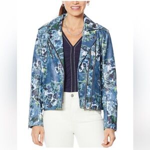 Colleen Lopez Faux Leather Moto Jacket Blue Floral Zipper Women’s Size 1X
